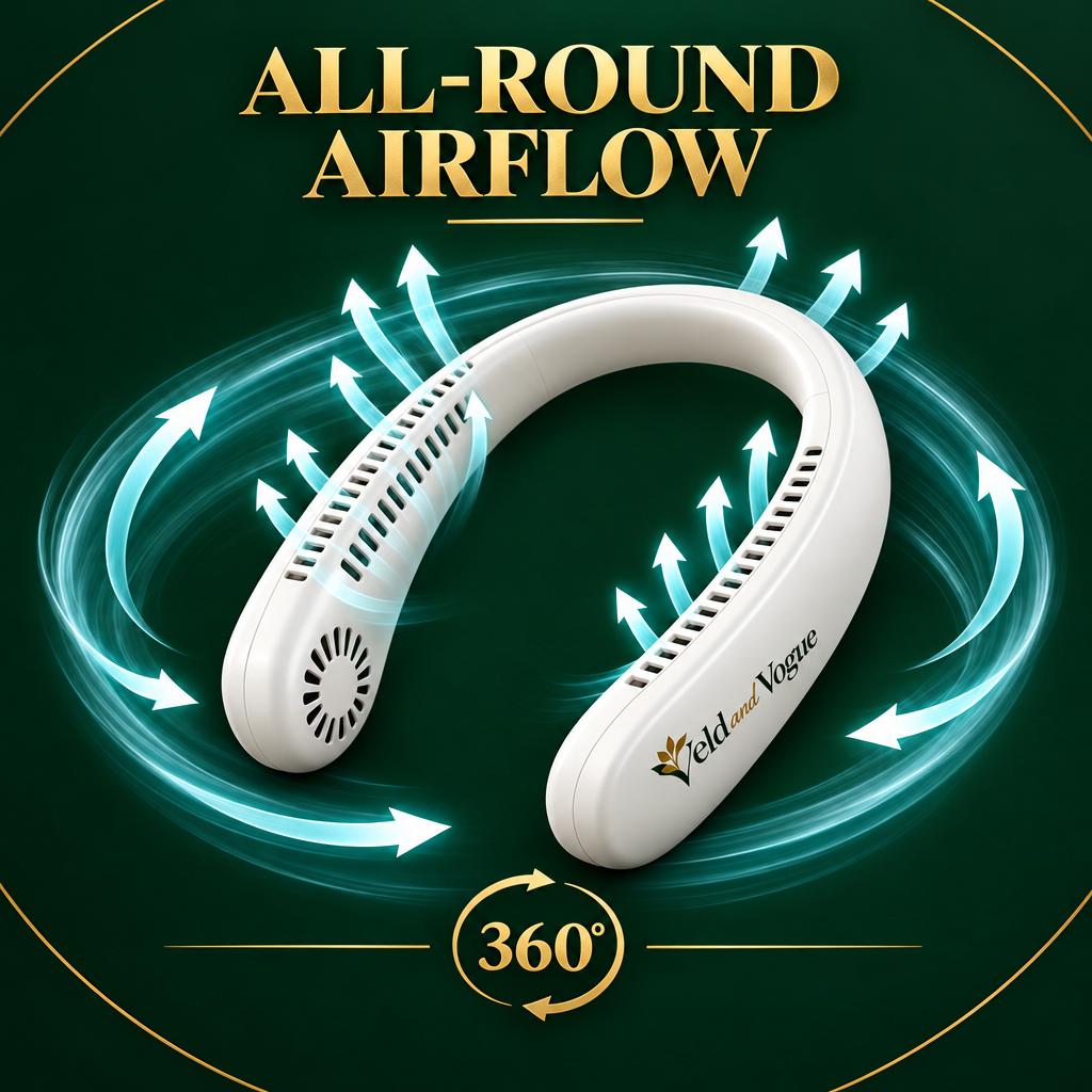 Diagram showing all-round airflow direction of the wearable neck fan